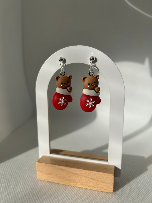 Handmade Christmas Bear In Mittens Dangle Earrings - Cute Resin Pendant - Perfect for Gifting