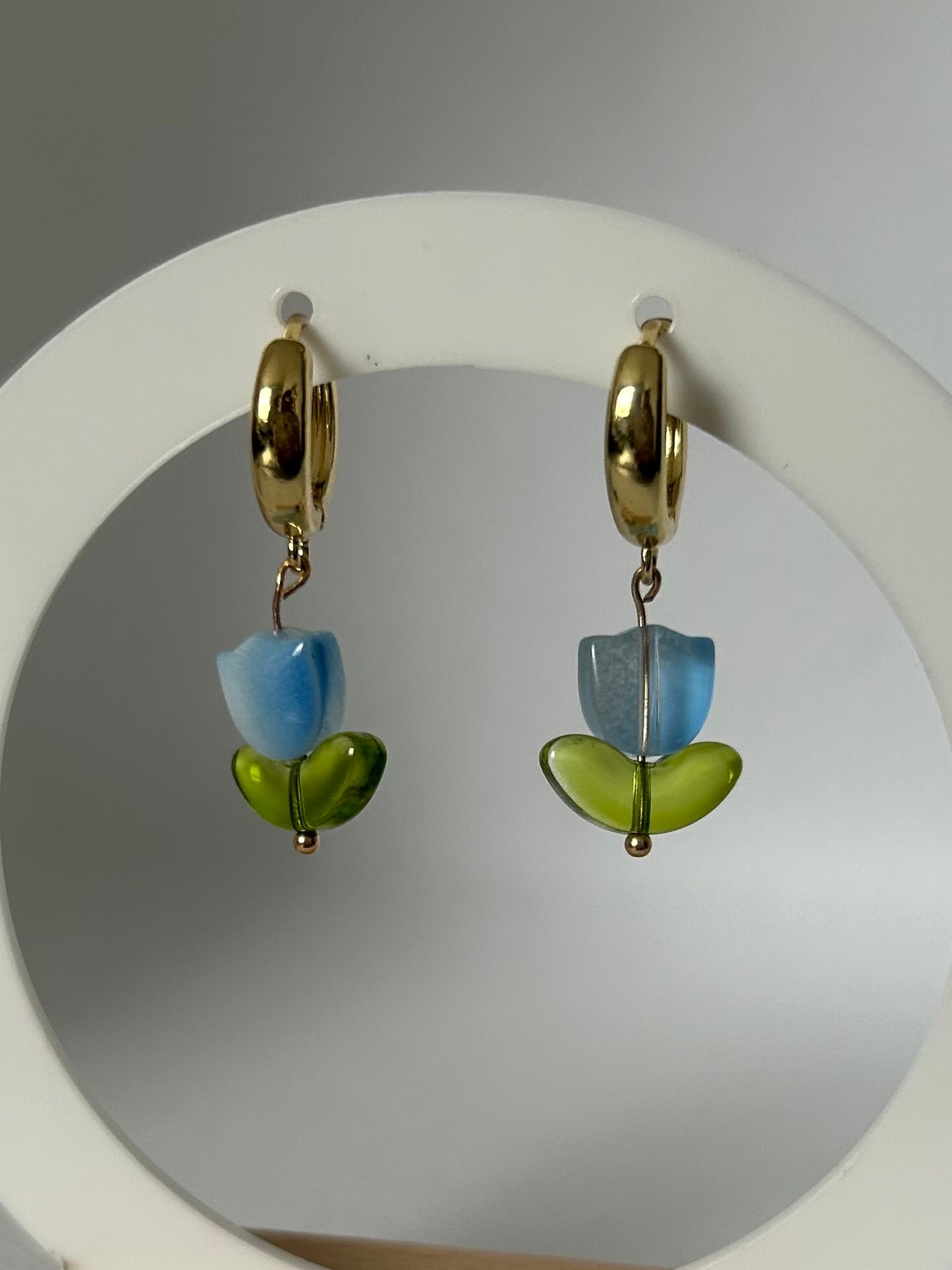 Tulip Earrings - 18k Gold Plated Huggie Hoops with Glass Beads - Lottie And FloTulip Earrings - 18k Gold Plated Huggie Hoops with Glass BeadsHand made EarringsLottie And Flo