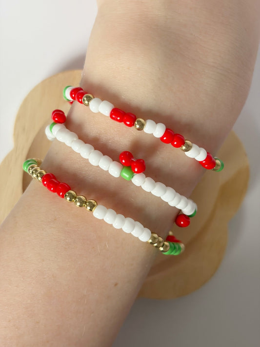 Handemade Cherry Beaded Bracelet Stack - Lottie And FloHandemade Cherry Beaded Bracelet StackHandmade BraceletsLottie And Flo