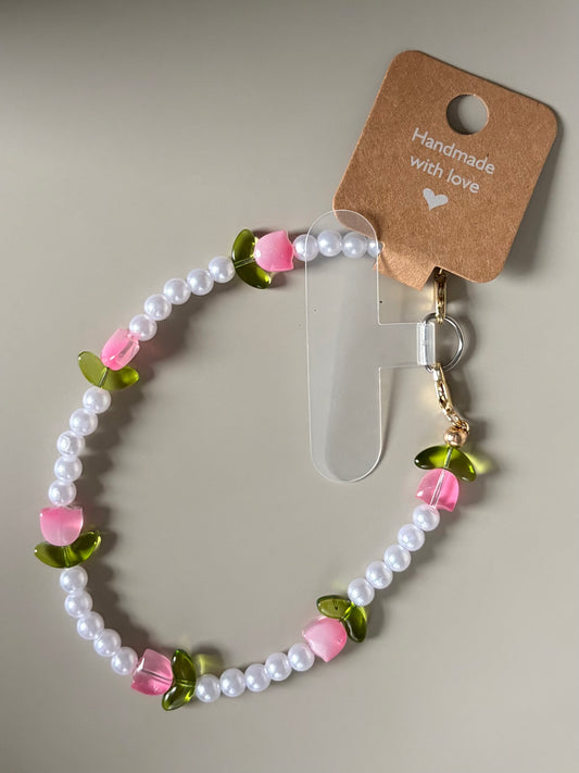 Handmade Phone Wristlet with Tulips and Pearls