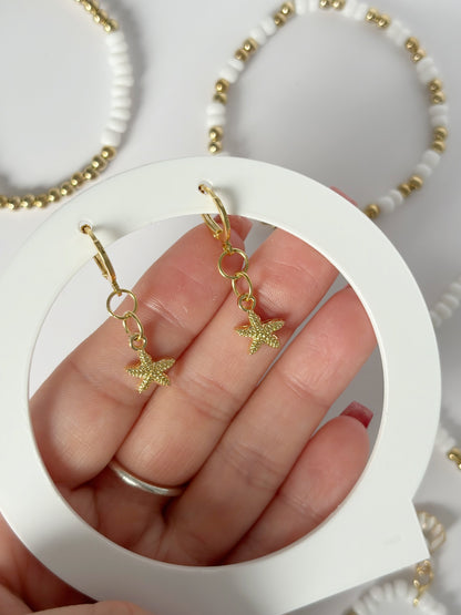 Small Gold Starfish Earrings On An 18K Gold Hoop