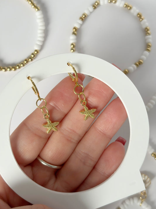 Small Gold Starfish Earrings On An 18K Gold Hoop