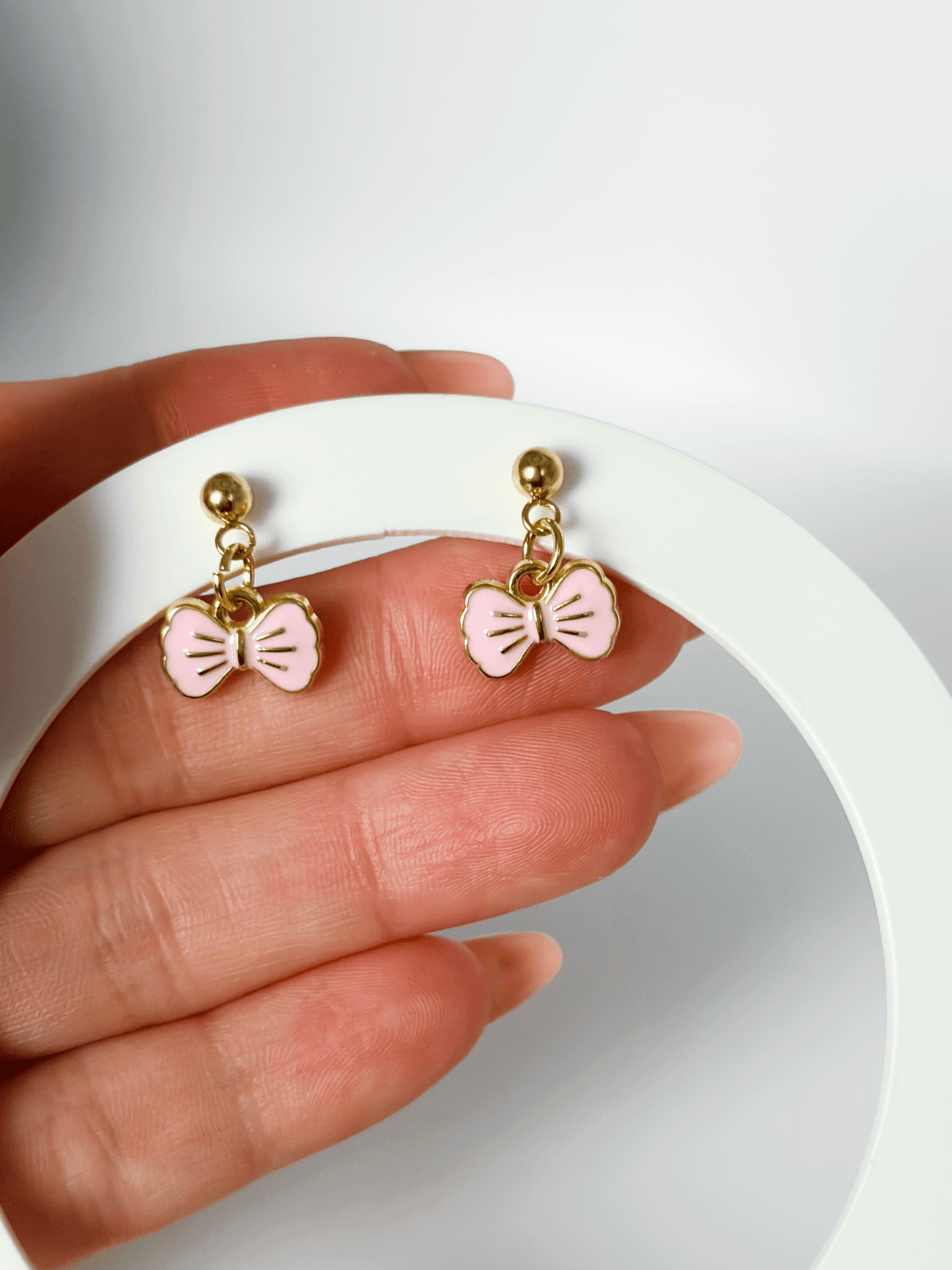 Dainty Pink Bow Drop Earrings. - Lottie And FloDainty Pink Bow Drop Earrings.Hand made EarringsLottie And Flo
