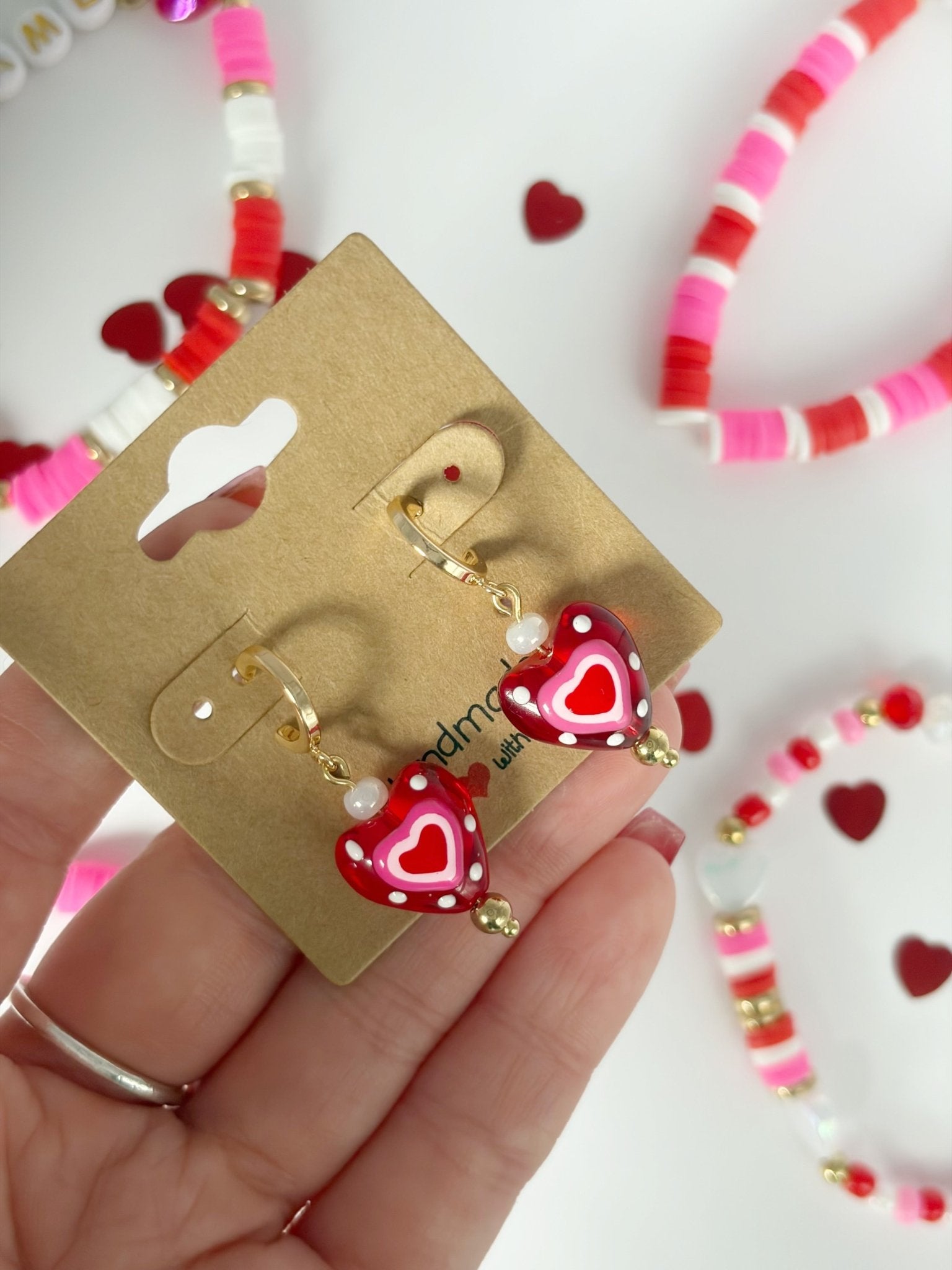 Gold Plated Necklace And Earrings With Red Glass Heart Pendant - Lottie And FloGold Plated Necklace And Earrings With Red Glass Heart PendantHand made JewelleryLottie And Flo