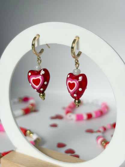 Gold Plated Necklace And Earrings With Red Glass Heart Pendant - Lottie And FloGold Plated Necklace And Earrings With Red Glass Heart PendantHand made JewelleryLottie And Flo