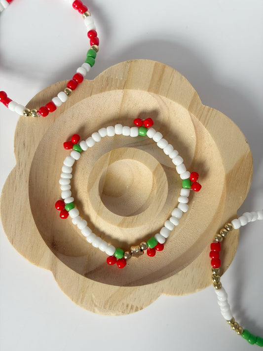 Handemade Cherry Beaded Bracelet Stack - Lottie And FloHandemade Cherry Beaded Bracelet StackHandmade BraceletsLottie And Flo