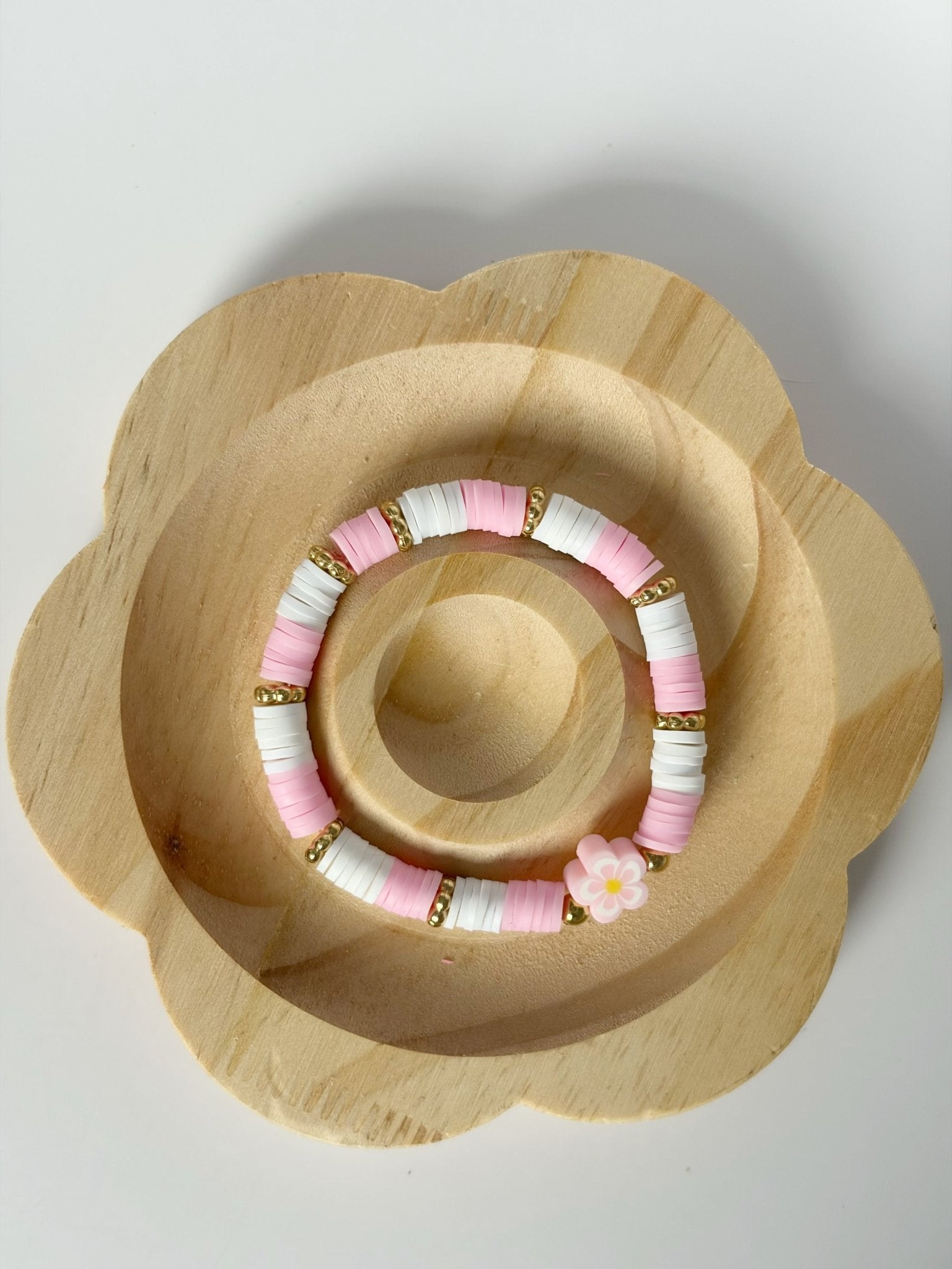 Handmade Pink And White Heishi Beaded Bracelet With Flower Detail - Lottie And Flo