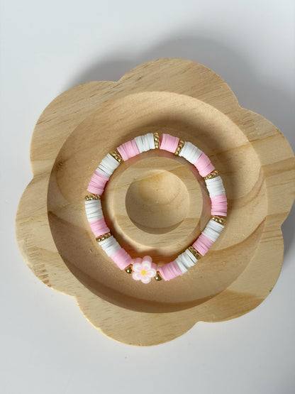 Handmade Pink And White Heishi Beaded Bracelet With Flower Detail - Lottie And Flo