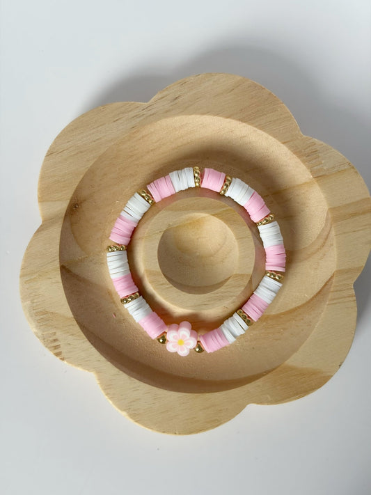 Handmade Pink And White Heishi Beaded Bracelet With Flower Detail - Lottie And Flo