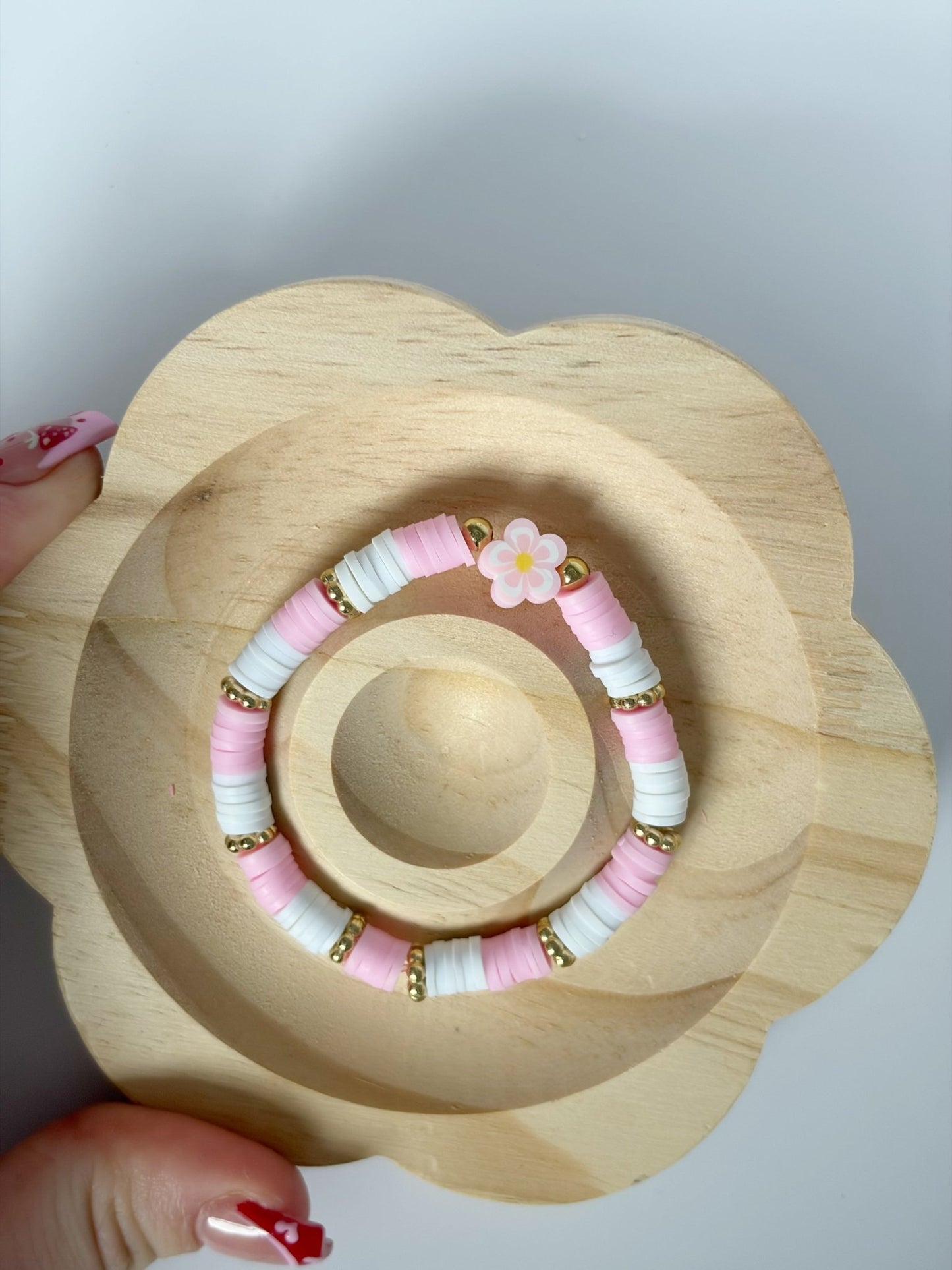 Handmade Pink And White Heishi Beaded Bracelet With Flower Detail - Lottie And Flo