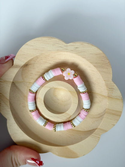 Handmade Pink And White Heishi Beaded Bracelet With Flower Detail - Lottie And Flo