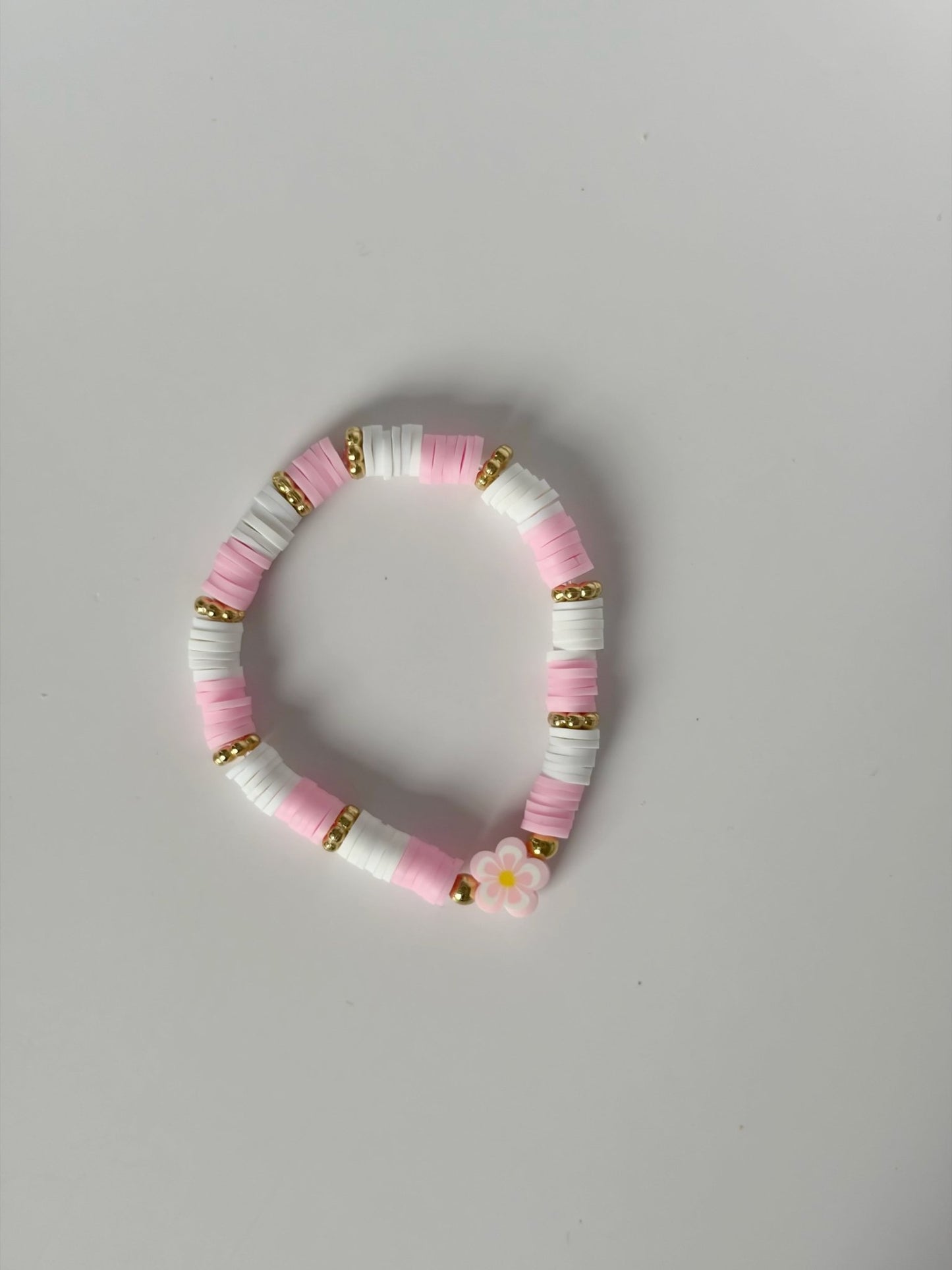 Handmade Pink And White Heishi Beaded Bracelet With Flower Detail - Lottie And Flo