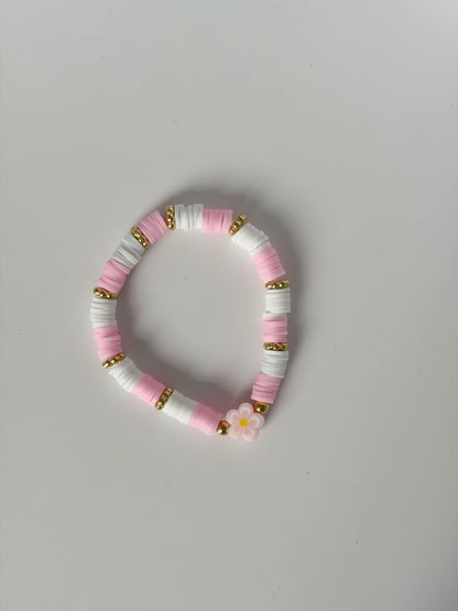 Handmade Pink And White Heishi Beaded Bracelet With Flower Detail - Lottie And Flo
