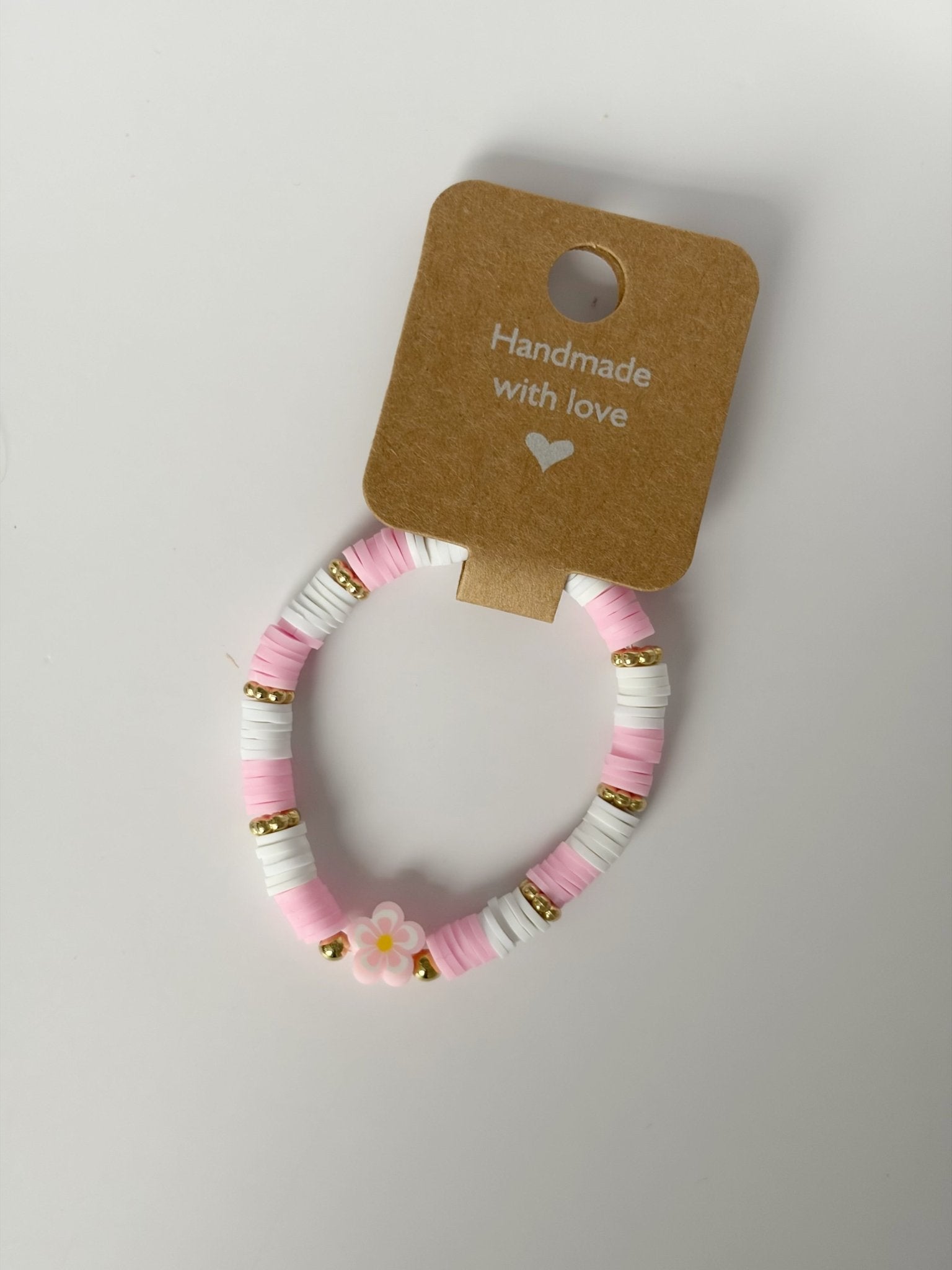 Handmade Pink And White Heishi Beaded Bracelet With Flower Detail - Lottie And Flo
