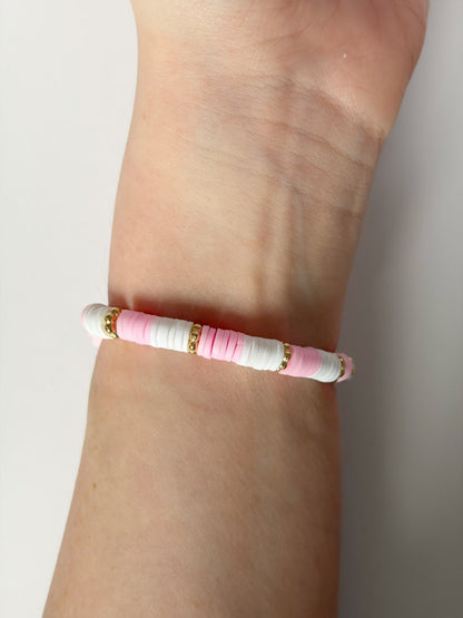 Handmade Pink And White Heishi Beaded Bracelet With Flower Detail - Lottie And Flo