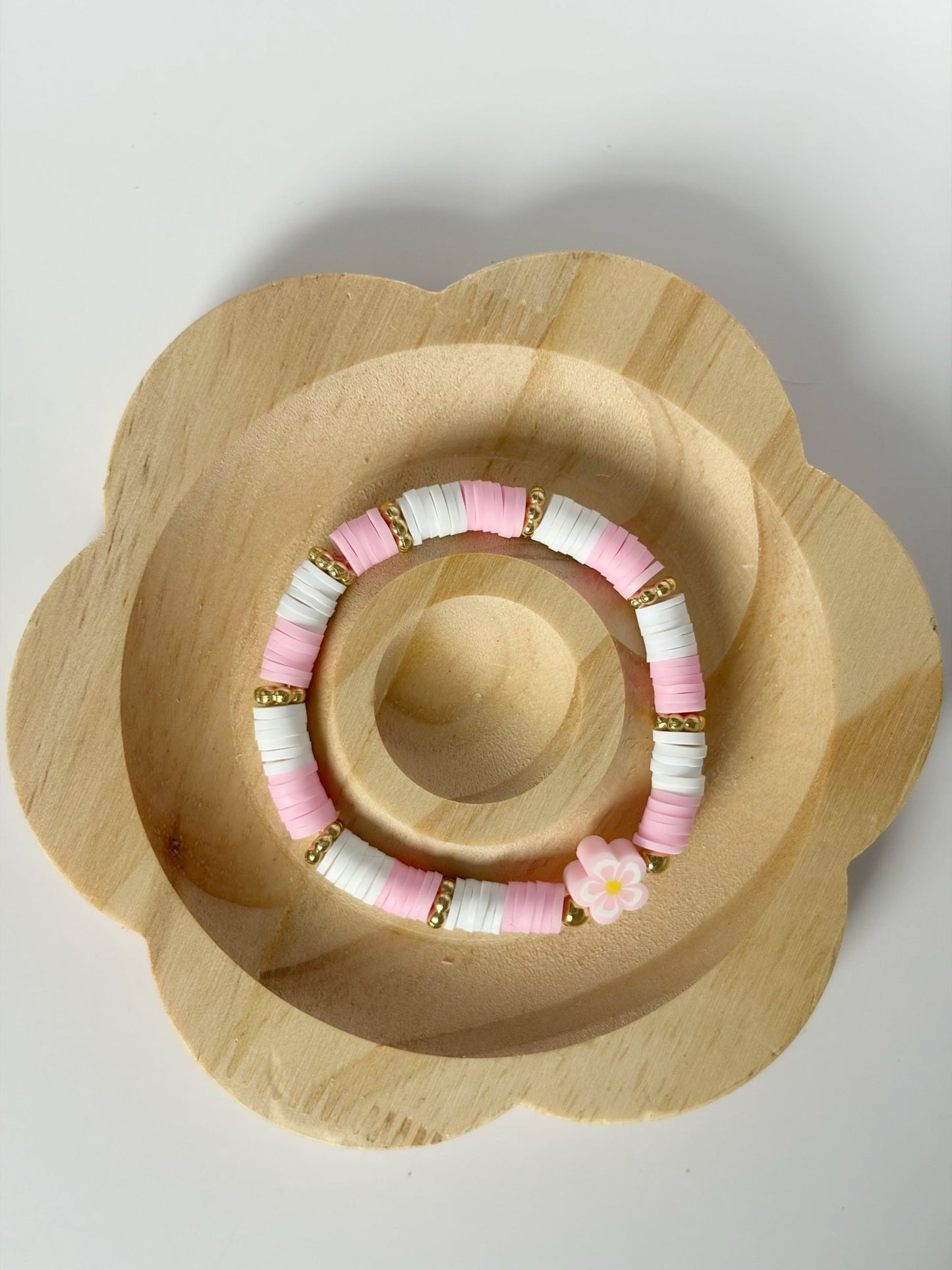 Handmade Pink And White Heishi Beaded Bracelet With Flower Detail - Lottie And Flo