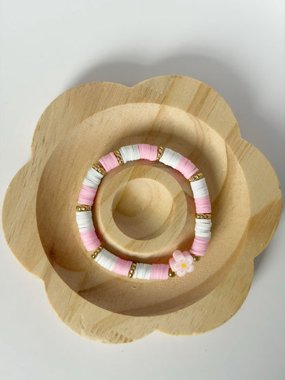 Handmade Pink And White Heishi Beaded Bracelet With Flower Detail - Lottie And Flo