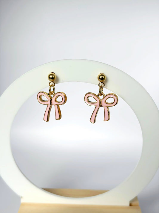 Pink Drop Bow Earrings With 24K Gold Plated Studs. - Lottie And FloPink Drop Bow Earrings With 24K Gold Plated Studs.Hand made EarringsLottie And Flo