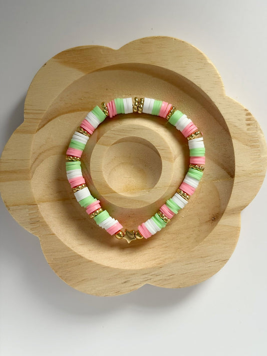 Pink, Green And White Heishi Bead Bracelet With Gold Star Detail - Lottie And Flo
