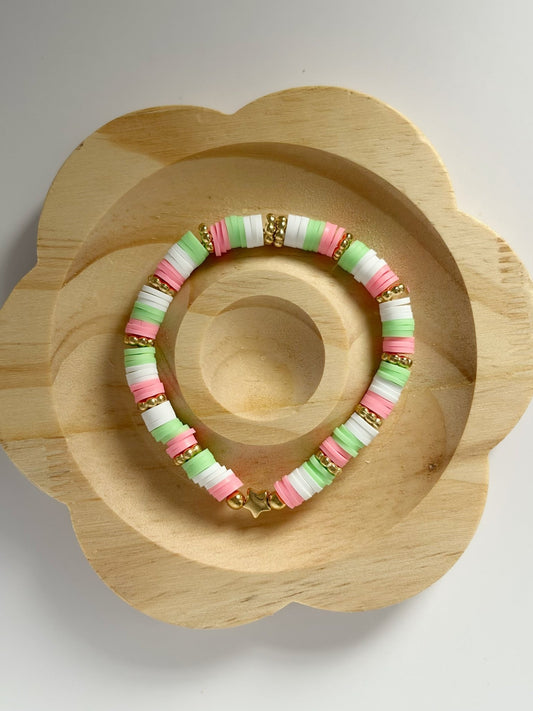Pink, Green And White Heishi Bead Bracelet With Gold Star Detail - Lottie And Flo