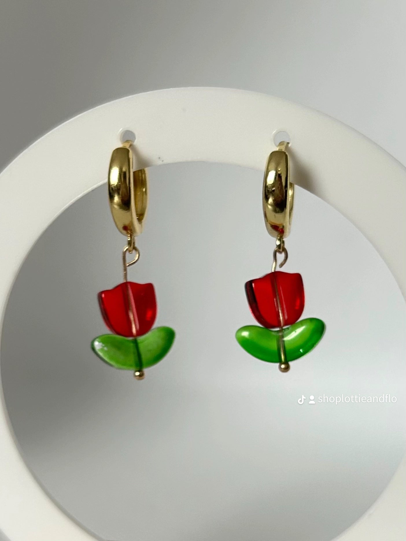 Tulip Earrings - 18k Gold Plated Huggie Hoops with Glass Beads - Lottie And FloTulip Earrings - 18k Gold Plated Huggie Hoops with Glass BeadsHand made EarringsLottie And Flo