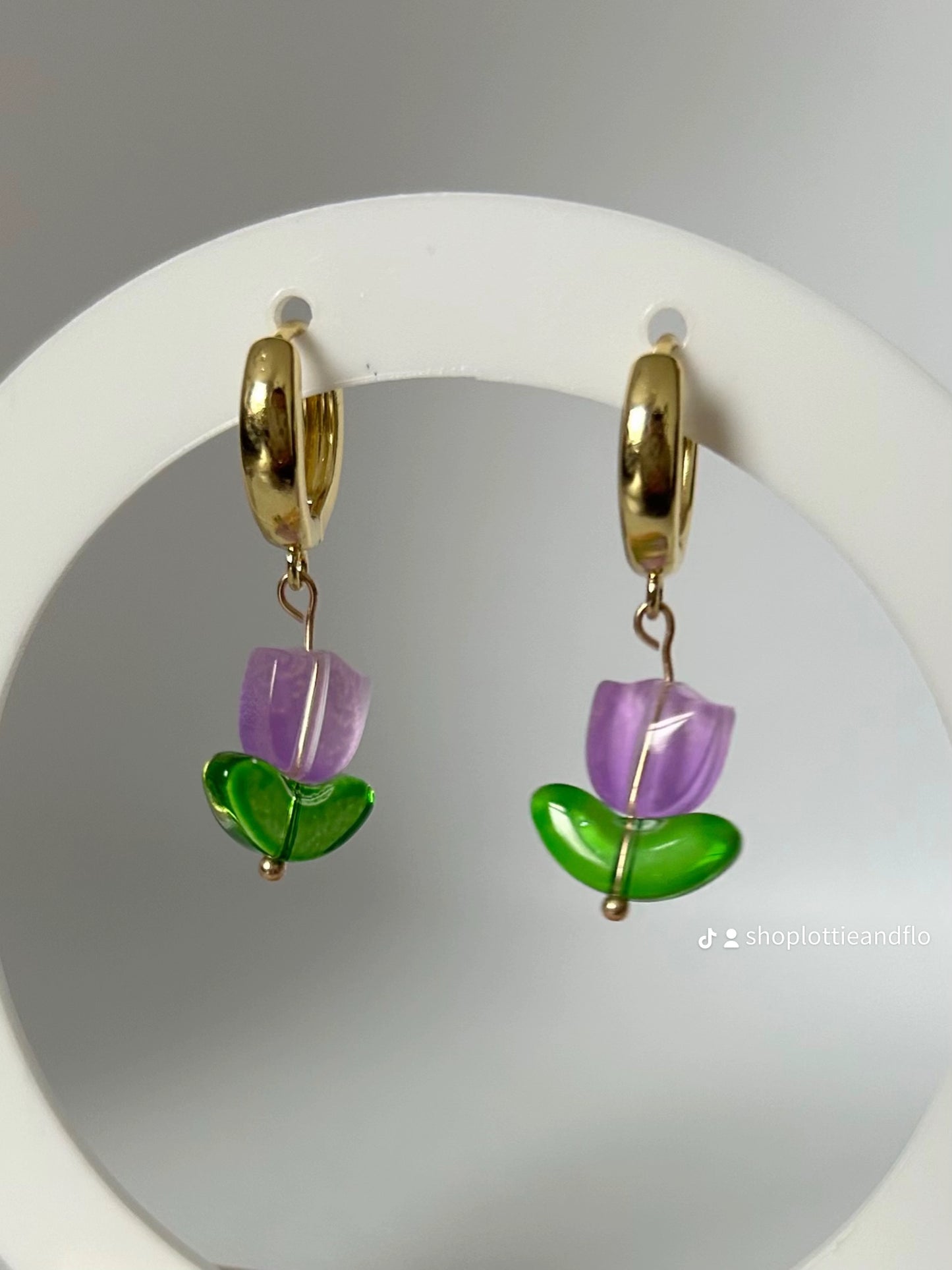Tulip Earrings - 18k Gold Plated Huggie Hoops with Glass Beads - Lottie And FloTulip Earrings - 18k Gold Plated Huggie Hoops with Glass BeadsHand made EarringsLottie And Flo