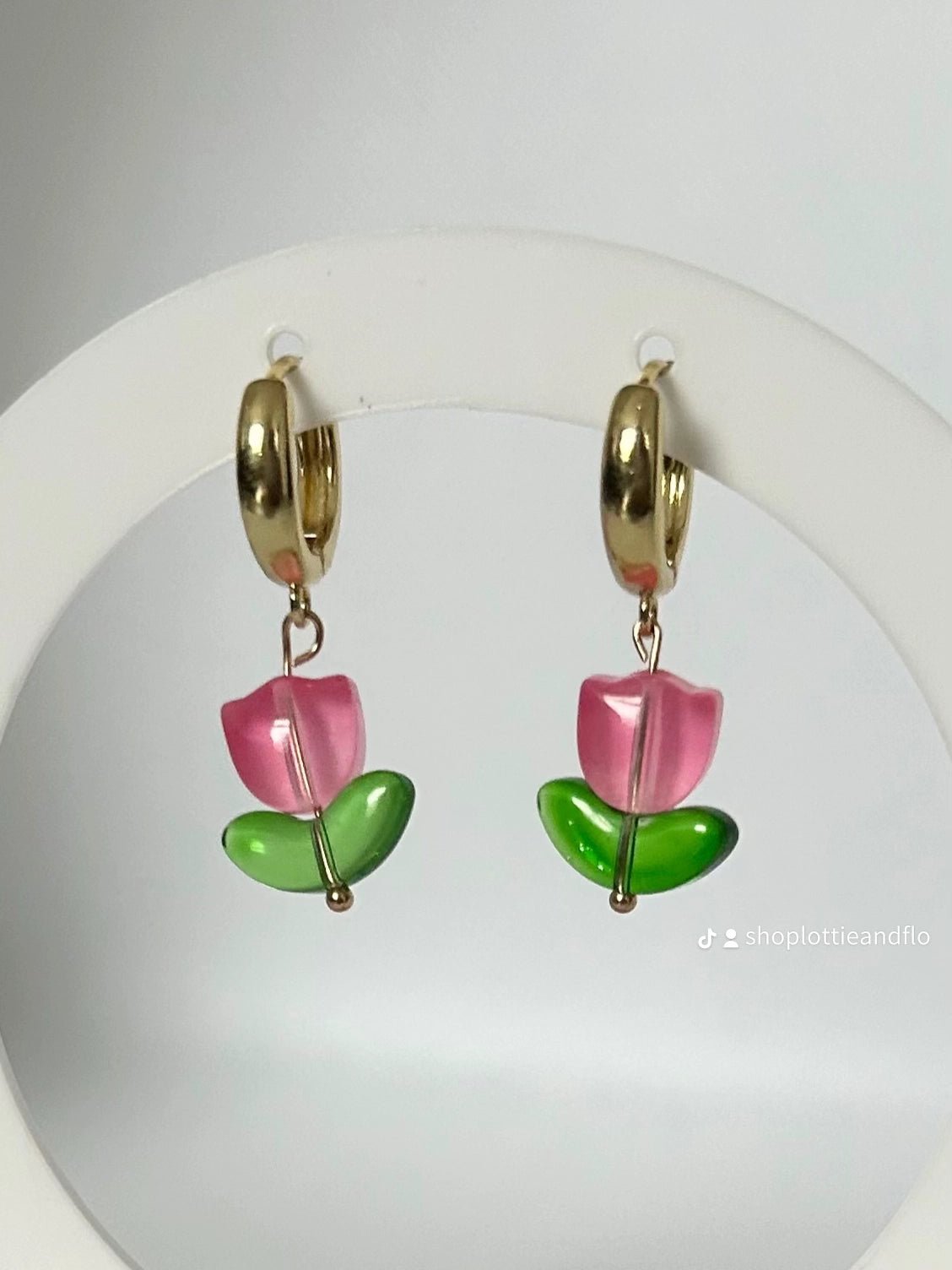 Tulip Earrings - 18k Gold Plated Huggie Hoops with Glass Beads - Lottie And FloTulip Earrings - 18k Gold Plated Huggie Hoops with Glass BeadsHand made EarringsLottie And Flo