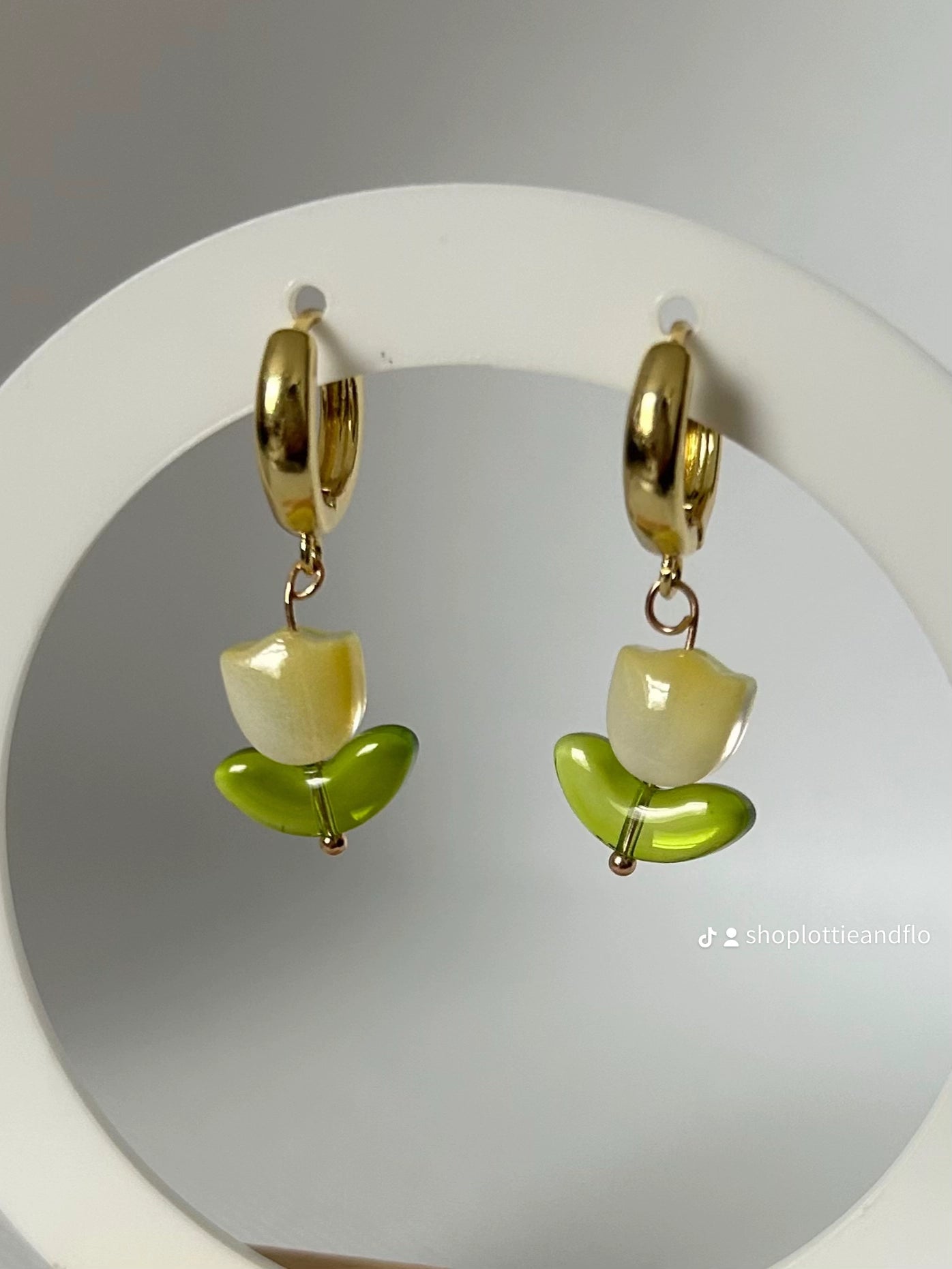 Tulip Earrings - 18k Gold Plated Huggie Hoops with Glass Beads - Lottie And FloTulip Earrings - 18k Gold Plated Huggie Hoops with Glass BeadsHand made EarringsLottie And Flo